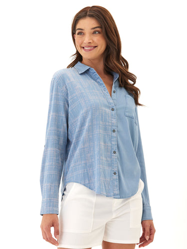 Prudence Grid Plaid Stretch Chambray Button-Down Threads 4 Thought