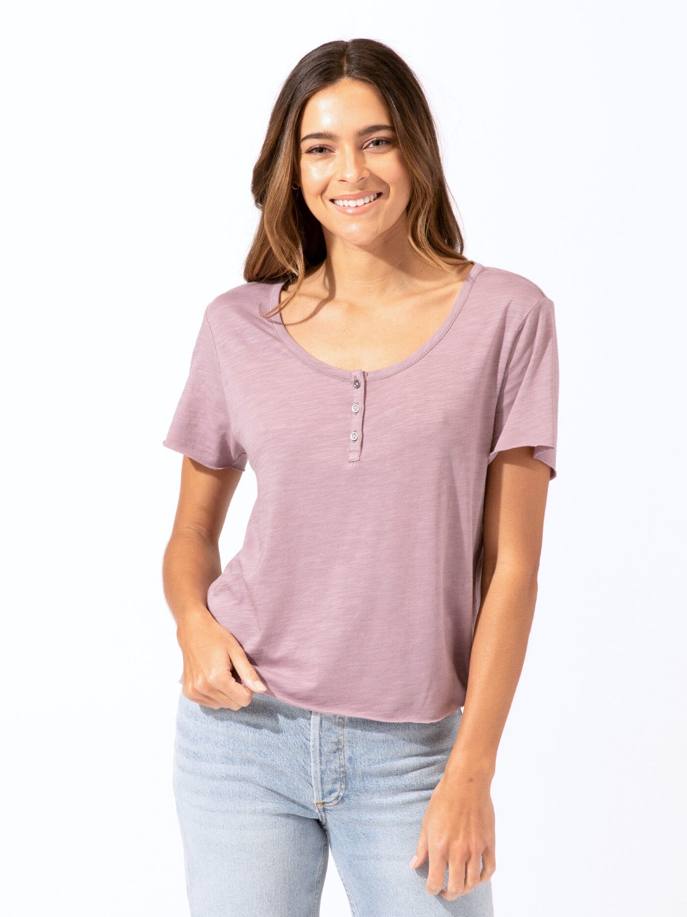 Whitlea Raw Edge Baby Henley Womens Tops Short Threads 4 Thought 