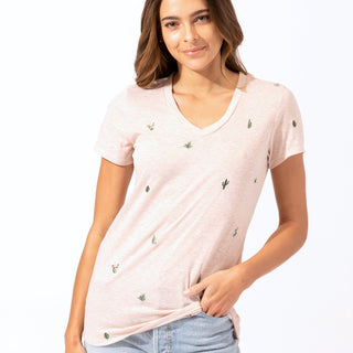 Cacti Embroidery V-Neck Tee Womens Tops Short Threads 4 Thought 