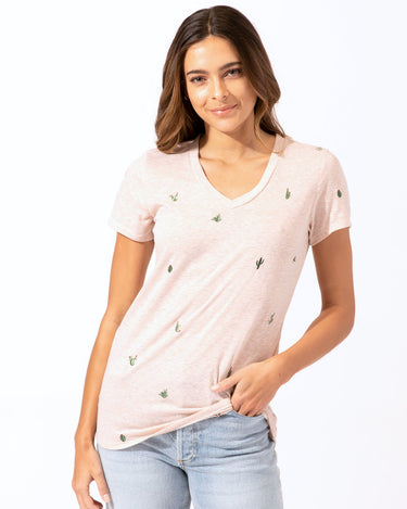 Cacti Embroidery V-Neck Tee Womens Tops Short Threads 4 Thought 